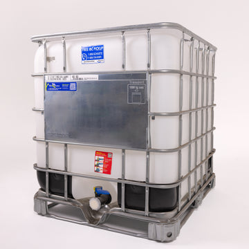 275 Gallon FDA IBC Tote, New, UN Rated, 2" Camlock Valve, Steel Pallet